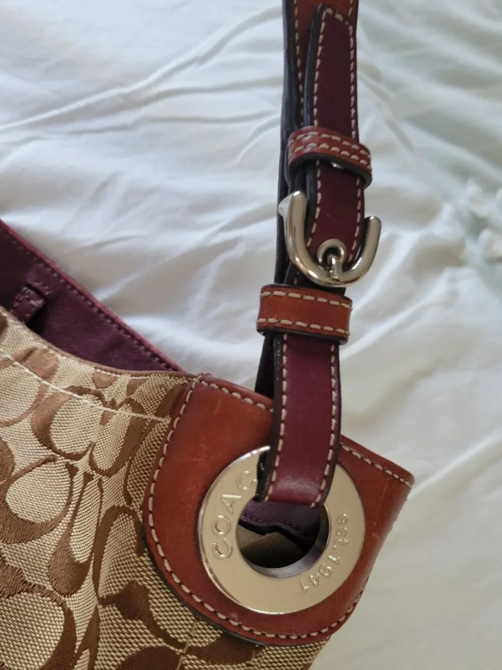 Coach Y2K Soho Signature Canvas Burgundy Saddle Leather Shoulder Bag Vintage 200 - Picture 7 of 11
